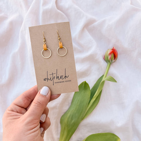 Mustard Yellow Leather & Small Brass Circle Earring